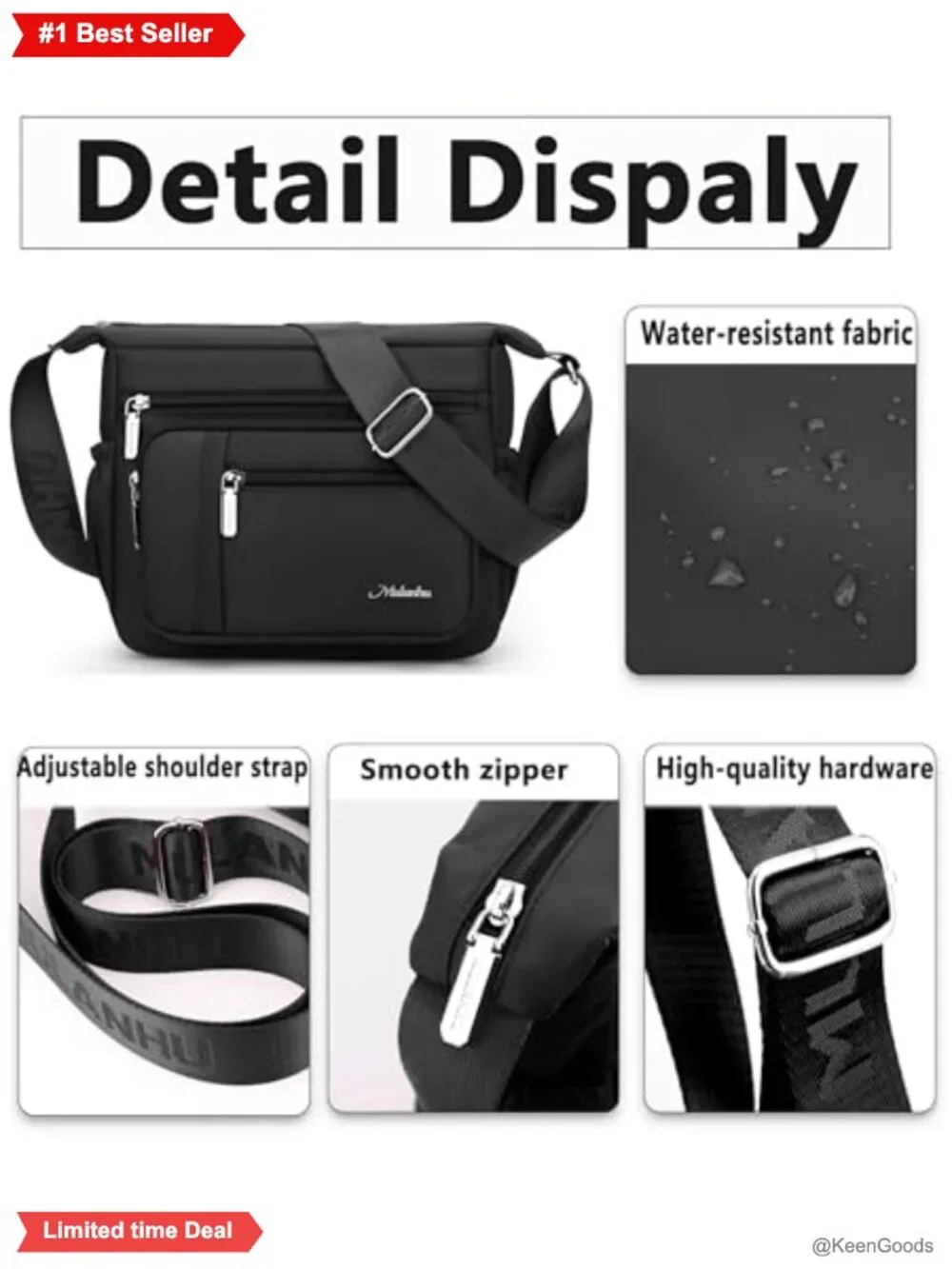Womens Nylon Waterproof Crossbody Bag Multi Pocket Shoulder Purse